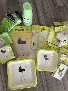 Green Yellow Neutral Baby Shower Tableware LOT Polka Dot Stroller - Stroller Fun
